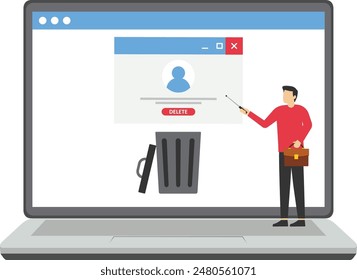 businessman standing with an account or profile and trash can. Users deleting social accounts to waste bin. Concept of delete profile, account deactivation, remove data files or page. Flat vector illu