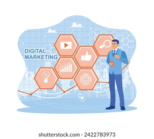  Businessman standing against digital marketing icons background. Digital marketing content planning advertising strategy. trend flat vector modern illustration 