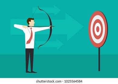 Businessman standing and aiming with bow isolated green background arrows on the wall. Aiming target concept. Eps vector illustration.