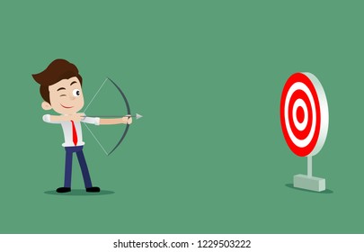 Businessman standing and aiming target with bow and arrow, archery and business concept design, Cartoon vector illustration