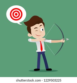 Businessman standing and aiming target with bow and arrow, Cartoon vector illustration