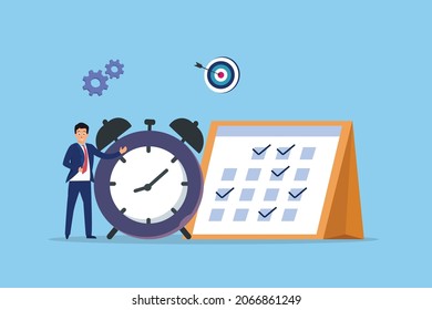 Businessman standing with alarm clock and schedule on the calendar. Business planning vector concept