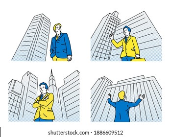 Businessman standing among buildings in city, low angle view. He holding fist, arms crossed, raising and stretching hands in the air. Outline, linear, thin line art, hand drawn sketch. 