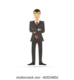 Businessman standing with arms crossed. Confidence symbol. Vector flat design illustration isolated on white background.