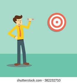 businessman standing with arrow and aiming at a target board. Vector line design illustration. Square layout