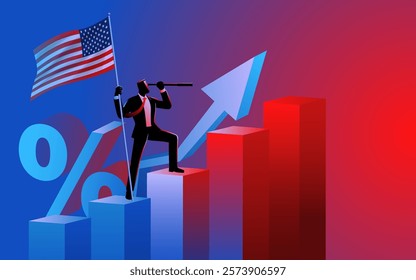 Businessman standing atop a rising graph chart, holding the American flag while looking through a telescope. Symbolizes vision, growth, analyzing and future success in the U.S. economy