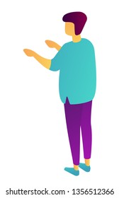 Businessman standing back view raising arms, tiny people isometric 3D illustration. Business presentation, manager, employee advertising, introduce concept. Isolated on white background.