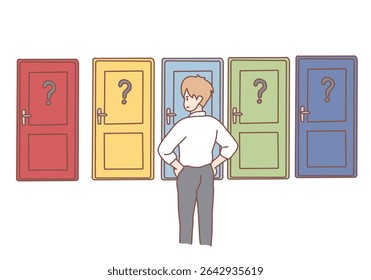 Businessman standing backwards in front of colorful doors trying to choose one thinking of unknown future and opportunities. Hard decision, success or failure concept. Hand drawn style vector design