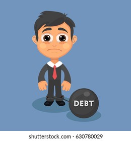 Businessman standing with ball and chain iron at her toe with text Debt, in business concept of having debt. Failure human. Vector illustration.