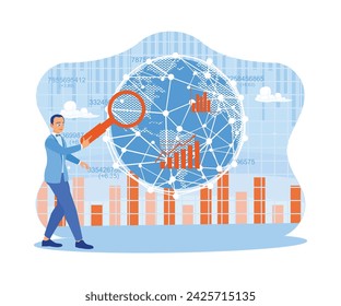  Hombre de negocios frente a una pantalla virtual con una conexión de red global. Analizar los gráficos financieros de la oficina en la red. Concepto de análisis de Big Data Technology for Business Finance. 
