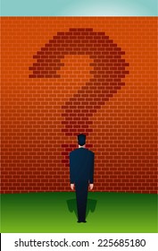 businessman standing before a wall with a question mark on it.