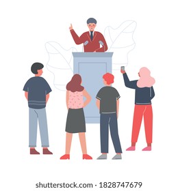 Businessman Standing Behind Rostrum Giving Speech, Man Public Speaker Giving Talk in front of Audience, Business Conference Vector Illustratio