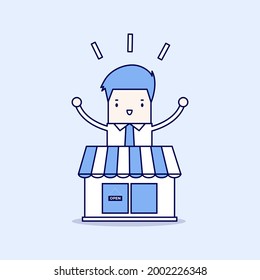 Businessman standing behind the shop. Cartoon character thin line style vector.