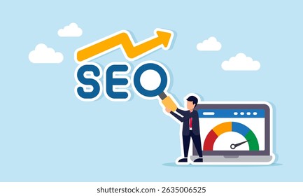 Businessman standing beside laptop showing level indicator with magnifying glass as letter O illustration of increasing market sales graph due to keyword optimization