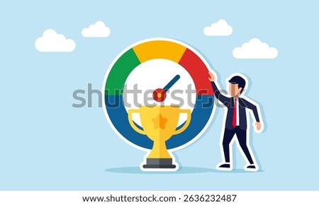 Businessman standing beside level indicator near trophy illustration of monitoring performance to maintain status as leading company