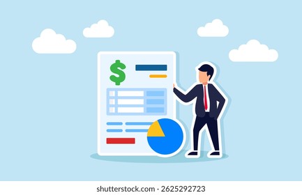 Businessman standing beside pie chart and dollar-marked document, illustration of preparing corporate financial report