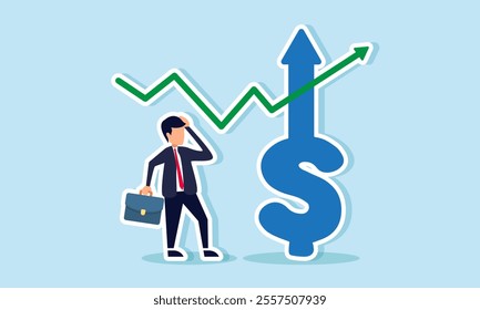 Businessman standing beside a rising dollar graph, looking confused, illustration of being surprised by significant business profit and sales increase