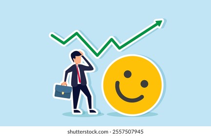 Businessman standing beside a rising happy emoticon graph, looking confused, illustration of being surprised by significant business market engagement increase