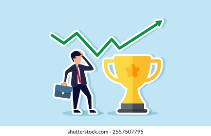 Businessman standing beside a rising trophy graph, looking confused, illustration of being surprised by significant business achievement and success