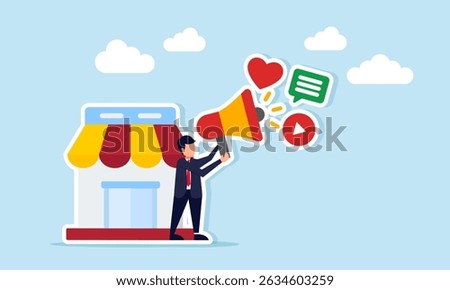 Businessman standing beside a store holding a megaphone with social media icons illustration of sharing promotion and business socialization