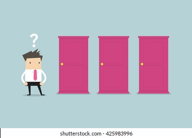 Businessman standing beside three doors, unable to make the right decision concept with question marks above his head