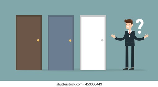 Businessman standing beside three doors, unable to make the right decision concept with question marks above his head