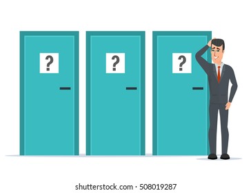 Businessman standing beside three doors, unable to make the right decision. Marks question. Business cartoon concept. Vector illustration isolated on white background in flat style.