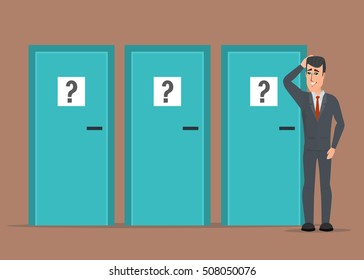 Businessman standing beside three doors, unable to make the right decision. Marks question. Business cartoon concept. Vector creative color illustrations flat design in flat modern style.