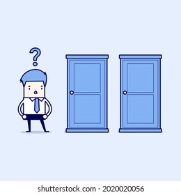 Businessman standing beside two doors, unable to make the right decision concept with question marks above his head.