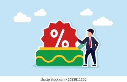 Businessman standing beside wallet with percent sign illustrating business discount promotion