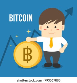 Businessman standing beside the yellow bitcoin and holding it on his hand,  and shadow growth up graph behide them. Digital currency financial concept. flat character design vector illustration.