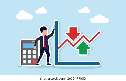 Hombre de negocios de pie entre una calculadora y un gráfico de líneas fluctuantes ilustración de cálculo de riesgo comercial