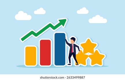 Businessman standing between rising chart and stack of stars illustration of progress in business quality standard improvement