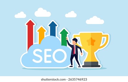 Businessman standing between trophy and cloud labeled SEO with upward arrow illustration of keyword optimization on search engine to become a leading company