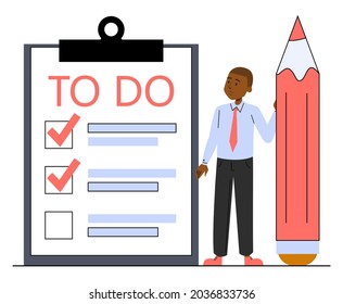 Businessman standing at the big to do list with a pencil vector isolated. Check marks on the paper, successful worker. African american business person in suit.