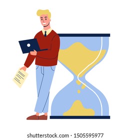 Businessman standing at the big hourglass. Idea of time management and planning. Isolated vector illustration in cartoon style