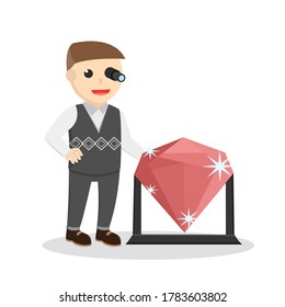 Empresario de pie con gran rubí. Diseño de caracteres sobre fondo blanco