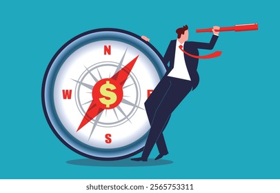 businessman standing with binoculars on a compass looking into the distance