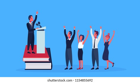 businessman standing book stack tribune successful teamwork concept people raising hands up cartoon character blue background full length flat horizontal vector illustration