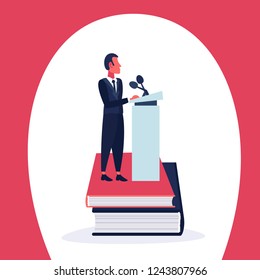 businessman standing book stack tribune announcer leader concept microphone cartoon character isolated full length flat