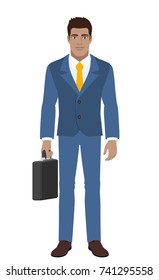 Businessman standing with briefcase. Full length portrait of Black Business Man in a flat style. Vector illustration.