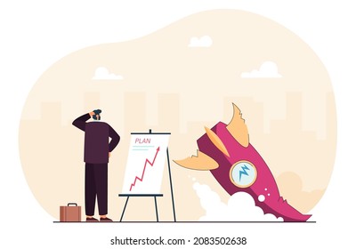 Businessman standing by crash rocket debris, poor startup launch. Unsuccessful plan, business strategy failure of male loser entrepreneur flat vector illustration. Bankruptcy, crisis problem concept