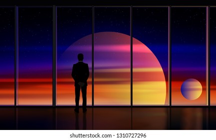 Businessman standing by the window looking out. Man looks into the beautiful space outside the window. Concept of space exploration, planets, vector illustration