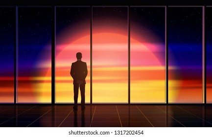 Businessman standing by the window looking out. Man looks into beautiful space with Sun outside the window. Concept of space exploration, business, innovation. Vector illustration
