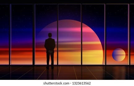 Businessman standing by the window looking out. Man looks into beautiful space with planets outside the window. Concept of space exploration, innovation, business. Vector illustration