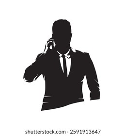 Businessman standing and calling on his cell phone. High contrast isolated vector silhouette. Business man with mobile phone