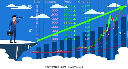 A businessman standing with a camera watching stock growth. Business vision.