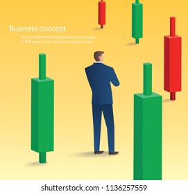 businessman standing with candlestick chart background, concept of stock market, vector illustration 