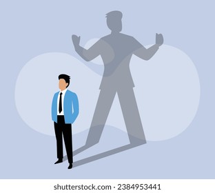 Businessman standing and casting a shadow of a strong superhero 2D flat vector concept for banner, website, illustration, landing page, flyer, etc