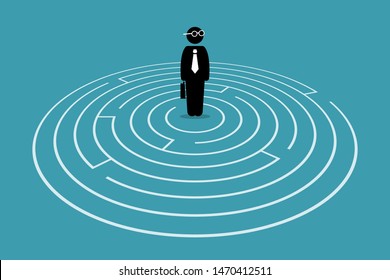 Businessman standing in the center of a maze. Vector artwork concept depicts challenge, finding the way out, escape, hurdles, solving issue, and solution for problem. 